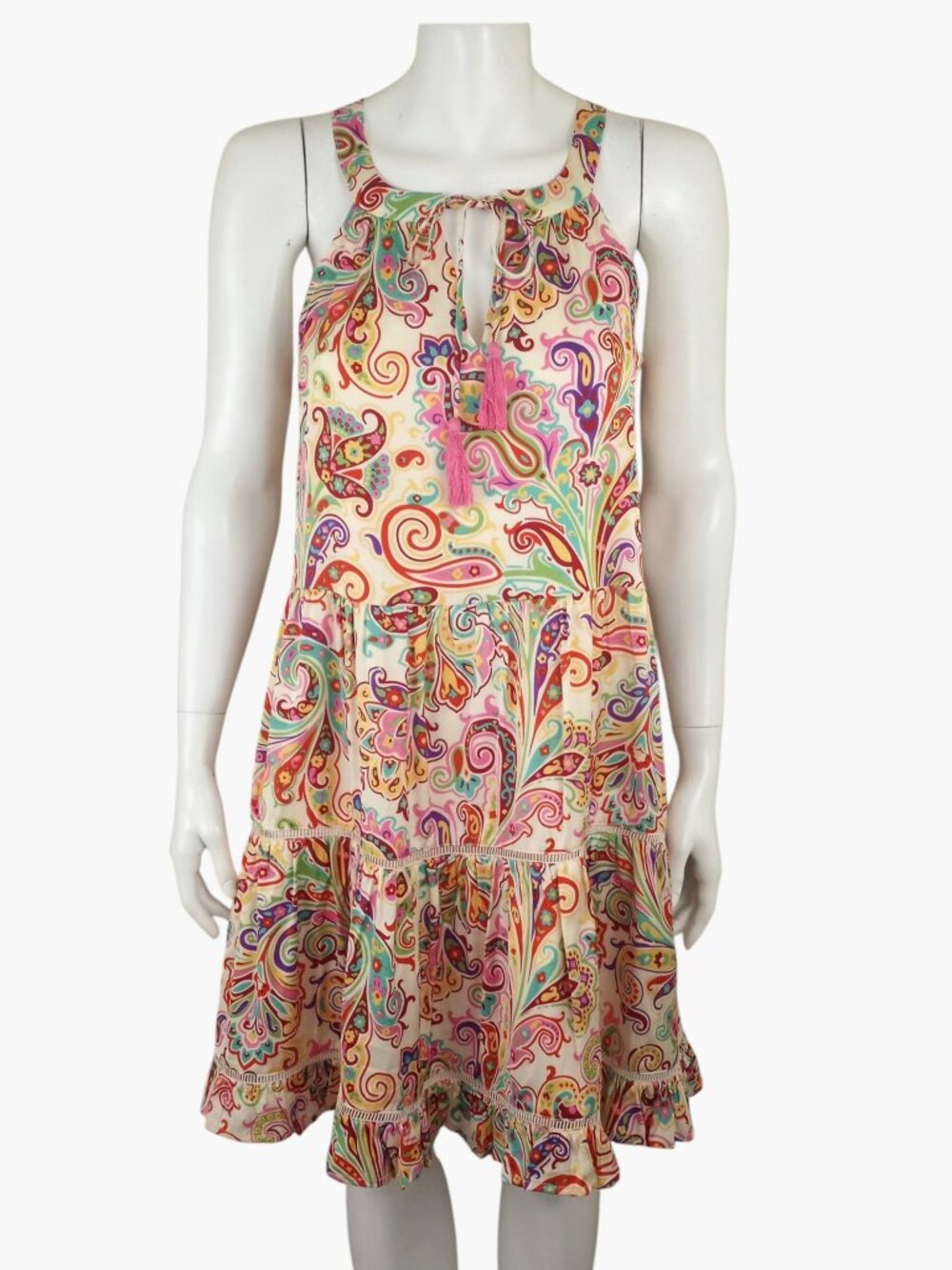 Joy Joy Paisley Sleeveless Tassel Tiered Mini Dress Womens S